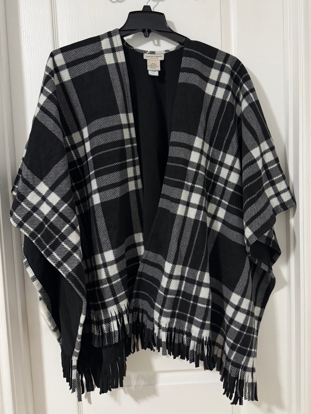 Martha Stewart Black and White Plaid Fringe Poncho Wrap